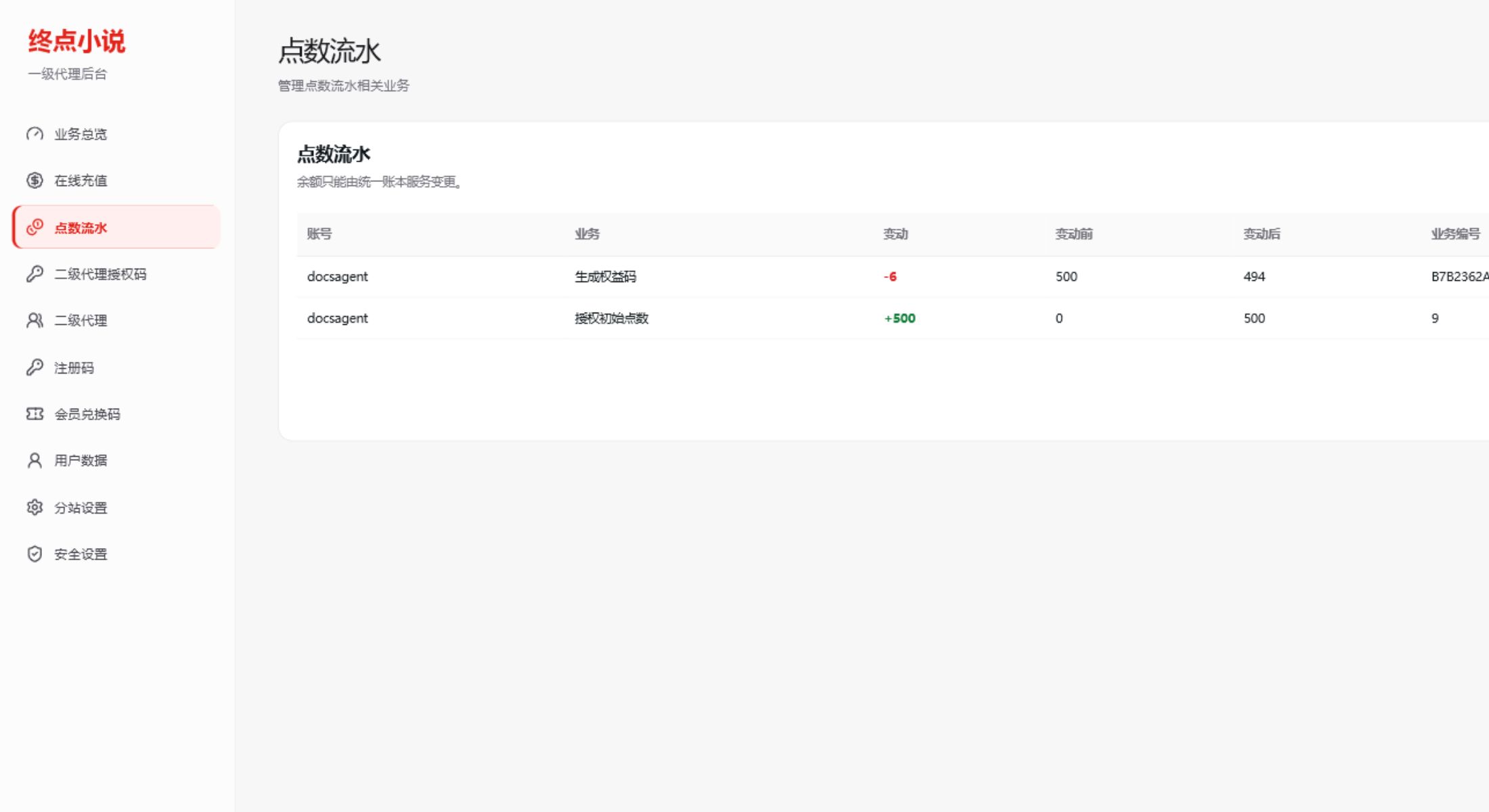 一级代理点数流水